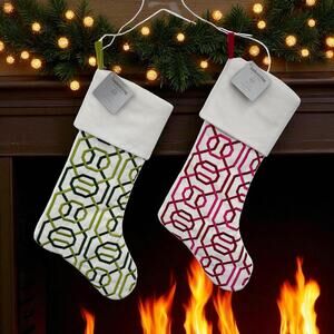 Southern Living Christmas stockings geometric holiday green pink 19"x10" set NEW